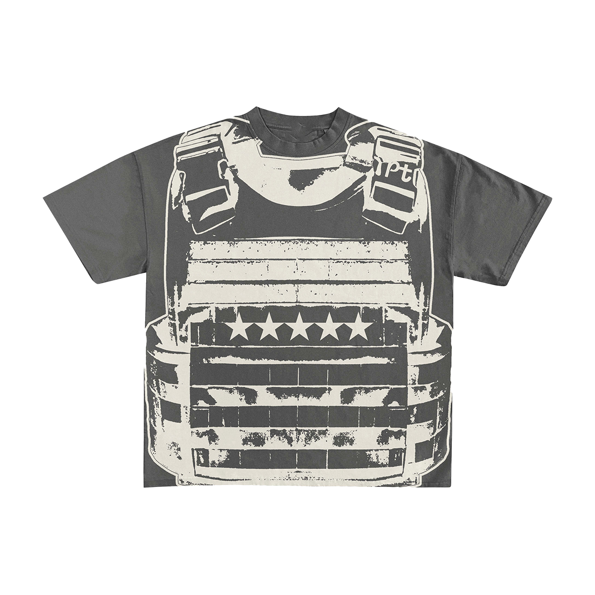 חולצת טי אוברסייז לגברים – הדפס אפוד קרמי מלפנים בגוון לבן ואפור