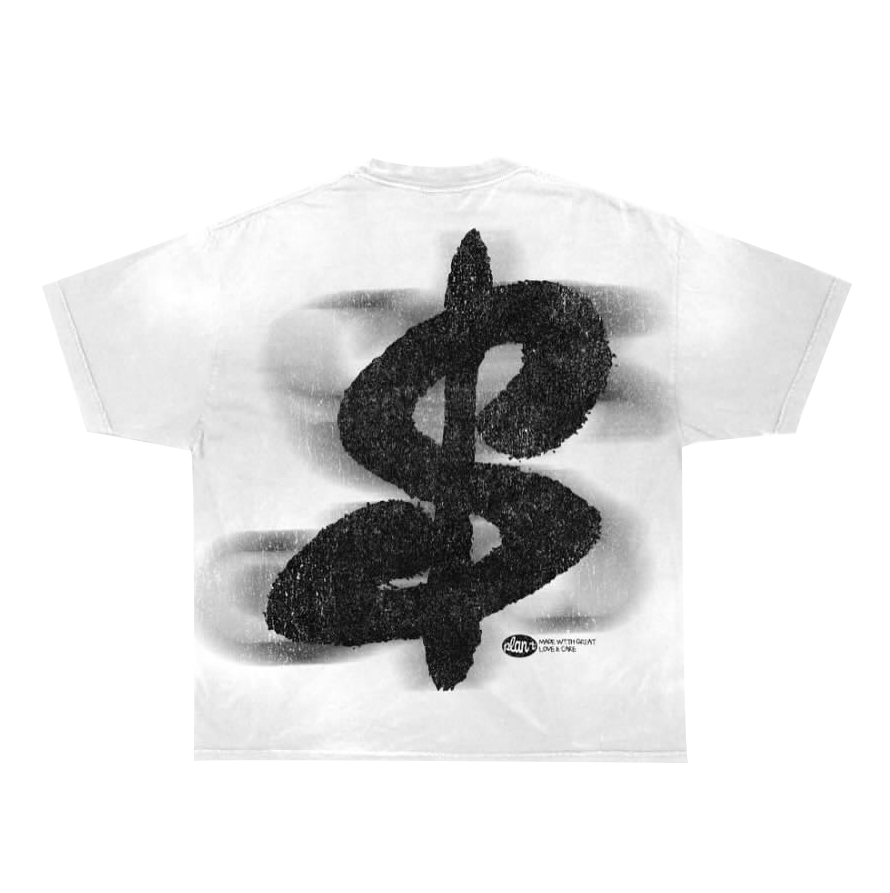 גב של חולצת Dolla Bill – הדפס גרפיטי גדול של סמל דולר שחור