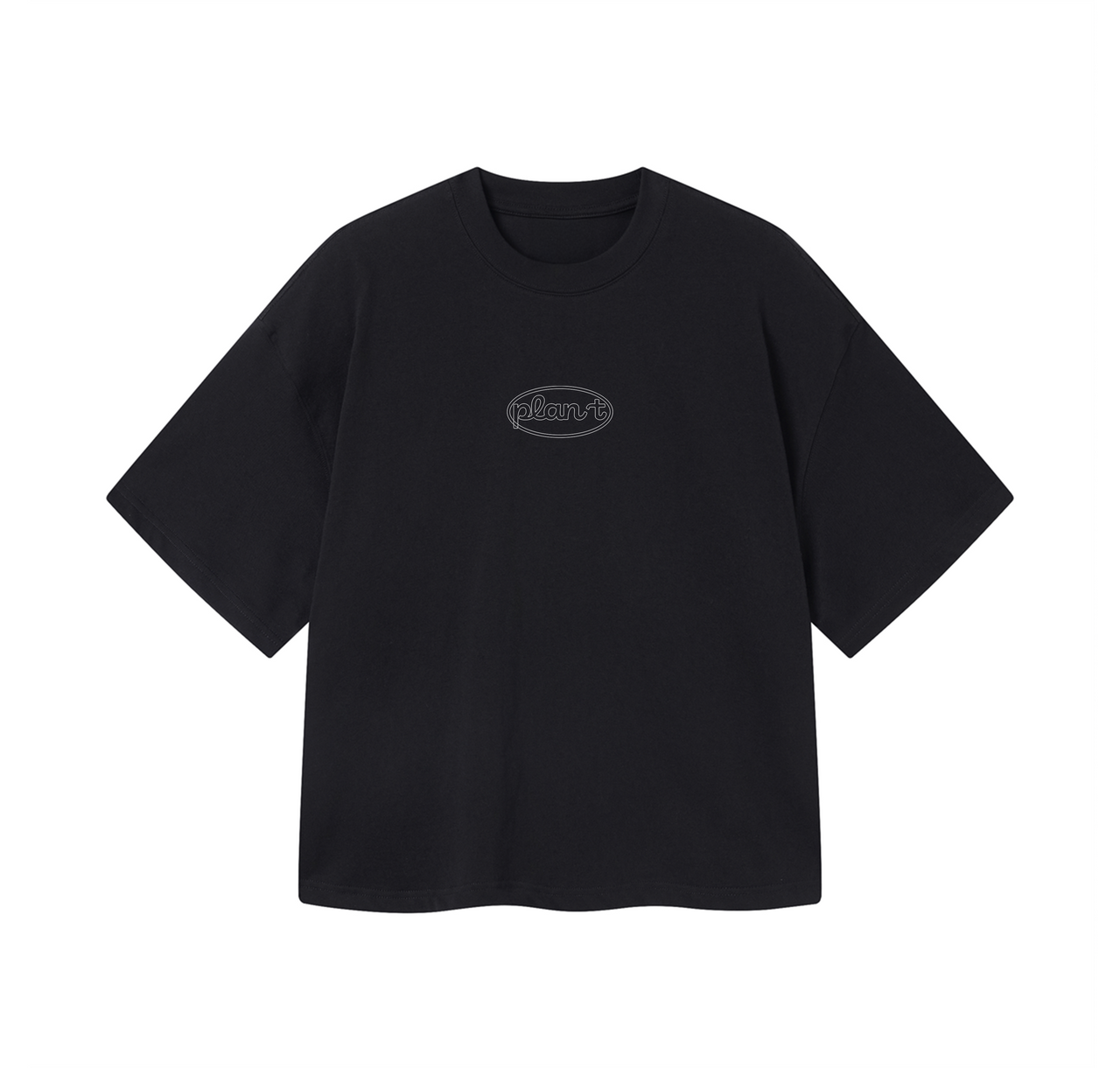 חולצת בוקסי שחורה עם הדפס פלאן טי בחזה בעיצוב מינימליסטי