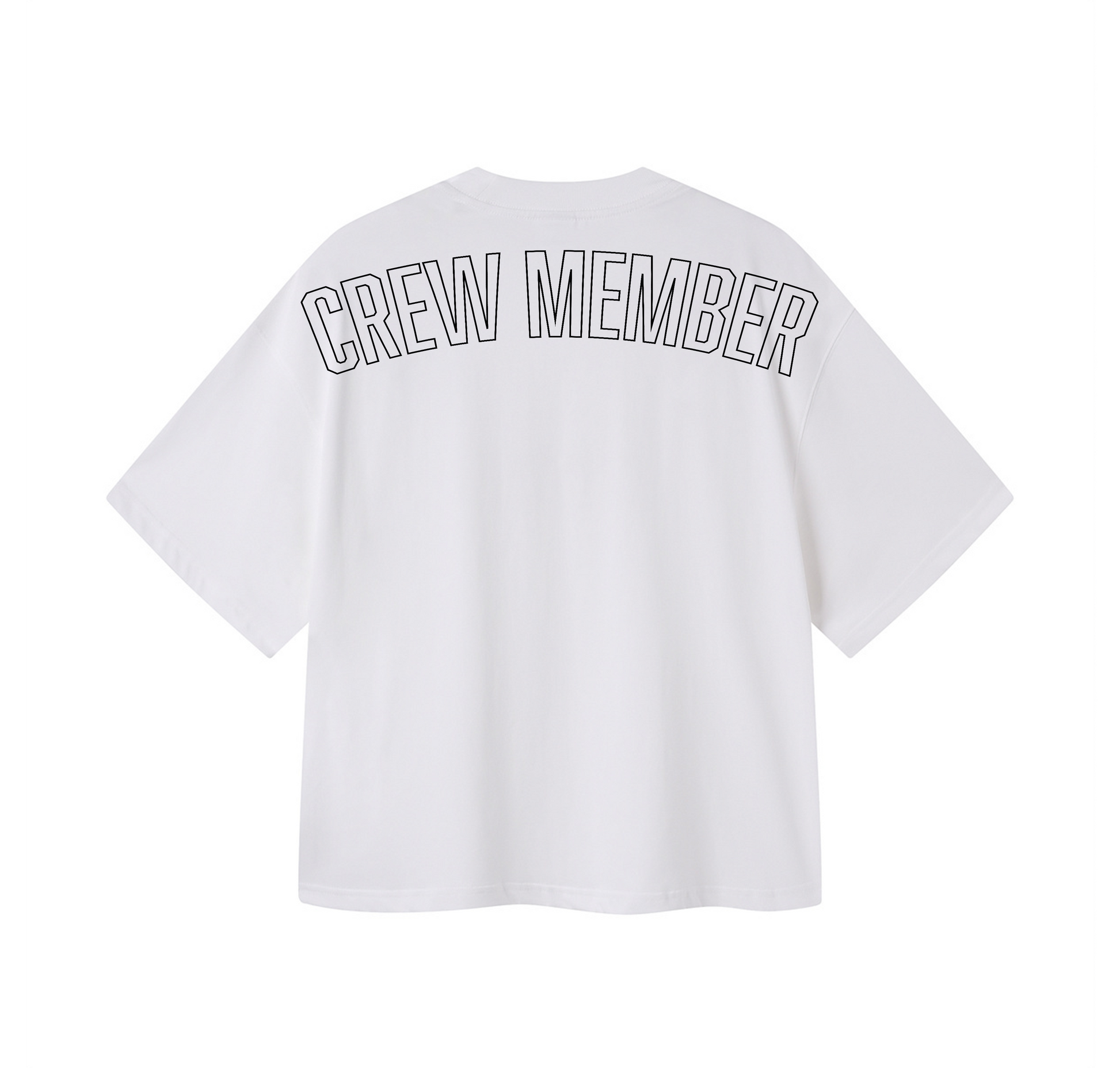 חולצת בוקסי לבנה עם כיתוב CREW MEMBER בגב בעיצוב Plan T